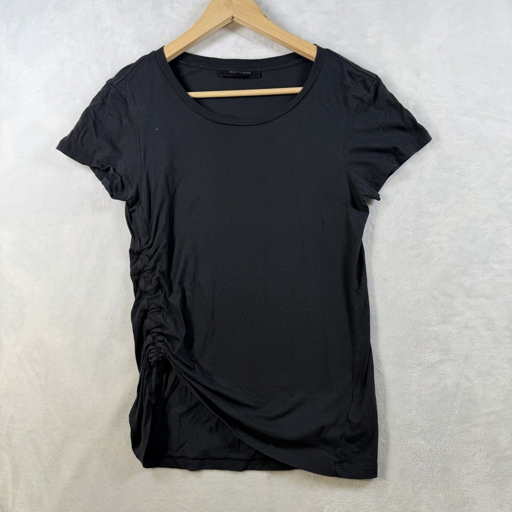 AllSaints Arie Black Ruched Oversized Drawstring Crewneck Tee Size XS